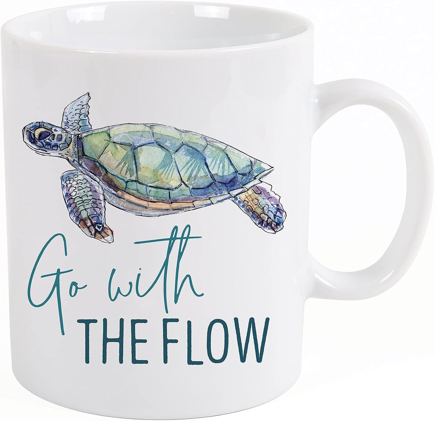 P. Graham Dunn 15 Ounce White Porcelain Coffee Mug – Go With The Flow with Sea Turtle Illustration