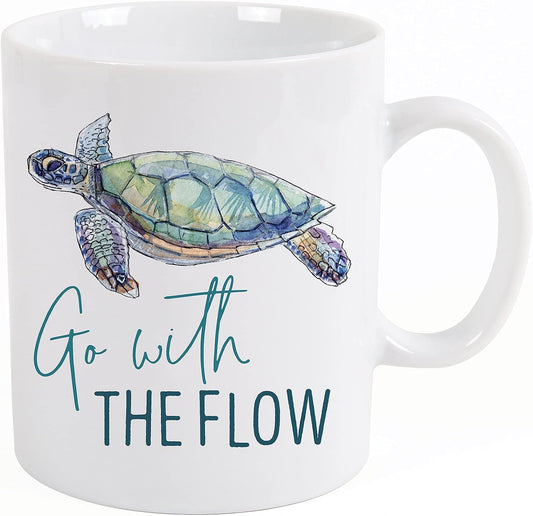 P. Graham Dunn 15 Ounce White Porcelain Coffee Mug – Go With The Flow with Sea Turtle Illustration