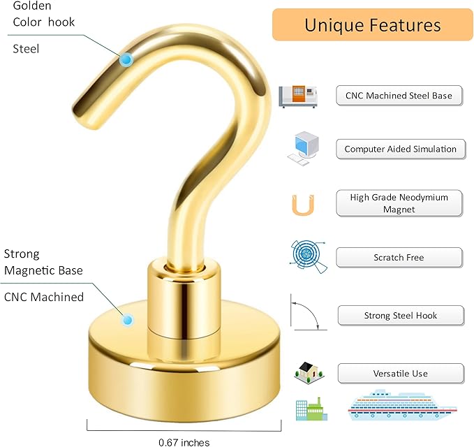 Neosmuk Magnetic Hooks, Heavy Duty 30lb+ Strong Magnet Hook for Cruise Cabins, Cruise Ship Essentials for Hanging, Metal Wall Refrigerator Hangers (Gold, 12 Pack)