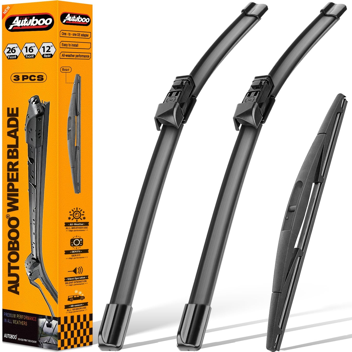 AUTOBOO 26"+16" Windshield Wipers with 12" Rear Wiper Blade Sets Replacement for Subaru Crosstrek Impreza 2018 2019 2020 2021 2022 2023-Original Factory Quality (Pack of 3)