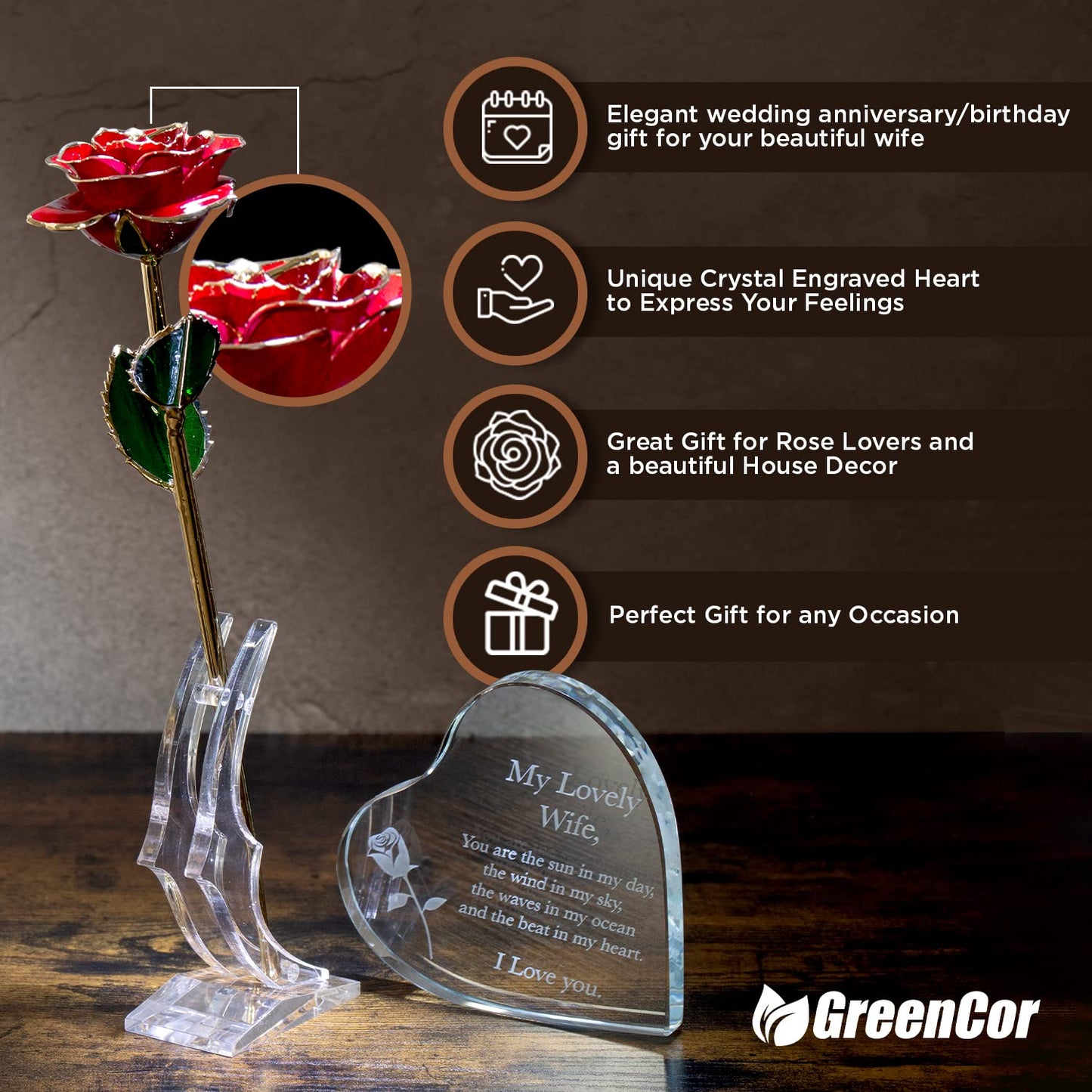 GreenCor Anniversary for Wife Engraved Wooden Gift Set 'To My Beautiful Wife' Includes Crystal Engraved Heart 24K Gold Dipped Rose for Birthday Gifts