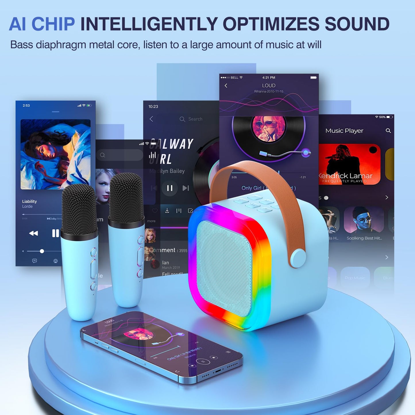 TAEMVV Mini Karaoke Machine for Kids Ages 2-12, Portable Bluetooth Karaoke Speaker with LED Party Lights & 2 Wireless Microphones, Perfect Birthday & Holiday Toys Gifts for Girls Boys (Blue)