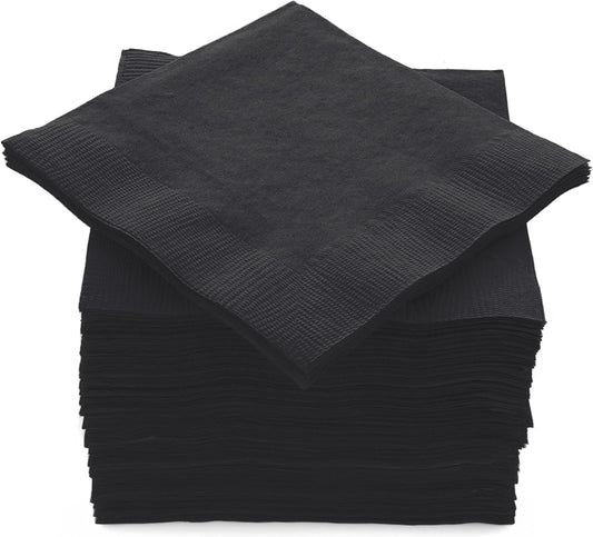 100 Pack Black Beverage Napkins, Big Party Pack, 2 Ply, Ideal for Wedding, Party, Birthday, Dinner, Lunch, Cocktails. (5” x 5”) by Amcrate