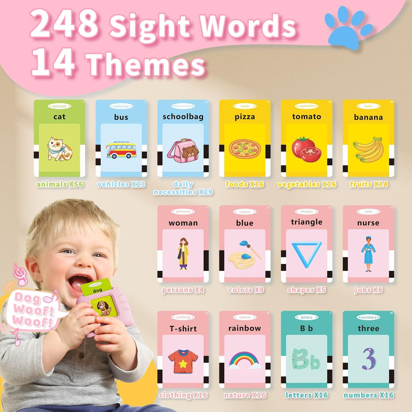 Aullsaty Toddler Toys Talking Flash Cards for 1 2 3 4 5 6 Year Old Boys and Girls, Autism Sensory Toys for Autistic Children, Learning Educational Montessori Speech Therapy 248 Sight Words Kids Gifts