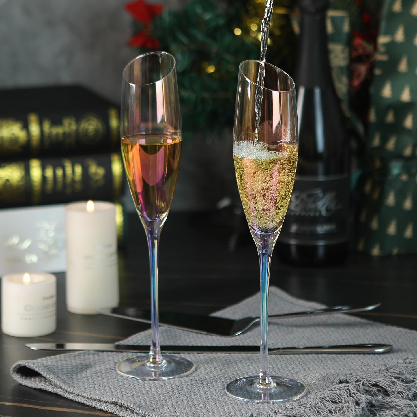 DORELINA Bride and Groom Champagne Glasses Set of 2,Wedding Gifts for Couples 2025, Iridescent Crystal Wedding Champange Flutes and Cake Server Sets Engagement Newlyweds-6oz