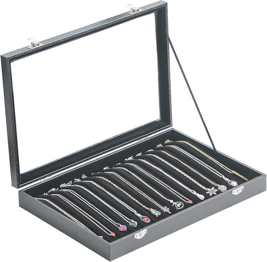 14 Hooks Necklace Storage Tray, Velvet Neckalce Organizer Box with Clear Lid, Pendant Chain Necklace Jewelry Organizer Drawer Tray for Women Girls (Black)