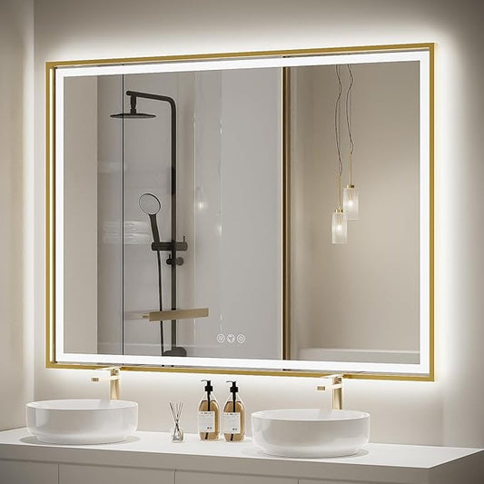 48X36 Inch Led Mirror for Bathroom with Front Light and Backlit,Gold Metal Frame Vanity Lighted Mirror for Wall,Double Lights Strips,Anti Fog Stepless 3 Colors Temperature & Dimmable