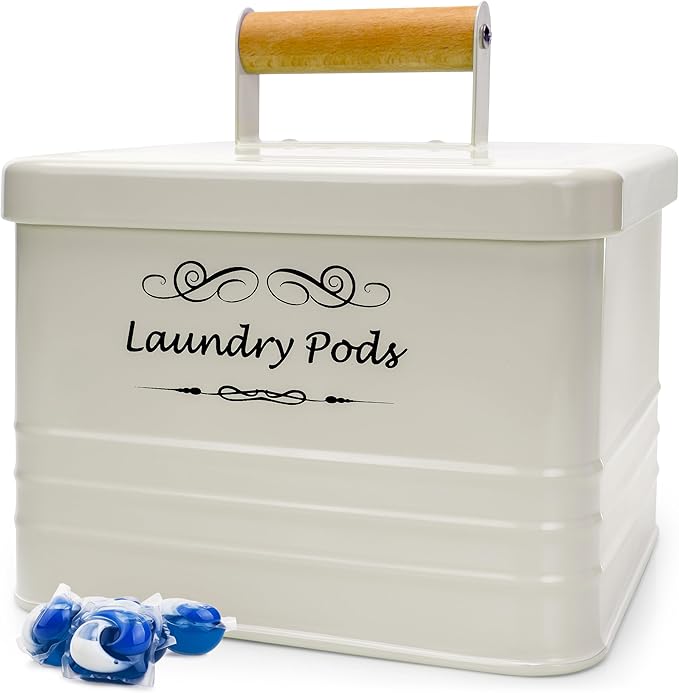 ElitaPro Modern Farmhouse Laundry Pods Container with Lid for Laundry Room DÃ©cor & Accessories, Laundry Room Organization (Ivory)