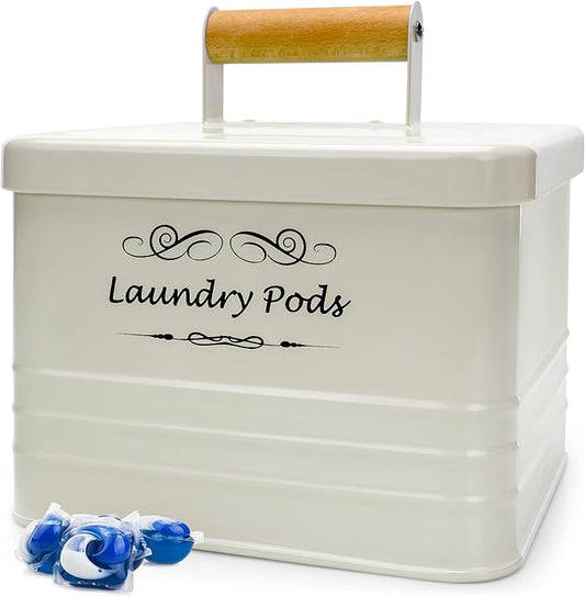 ElitaPro Modern Farmhouse Laundry Pods Container with Lid for Laundry Room DÃ©cor & Accessories, Laundry Room Organization (Ivory)