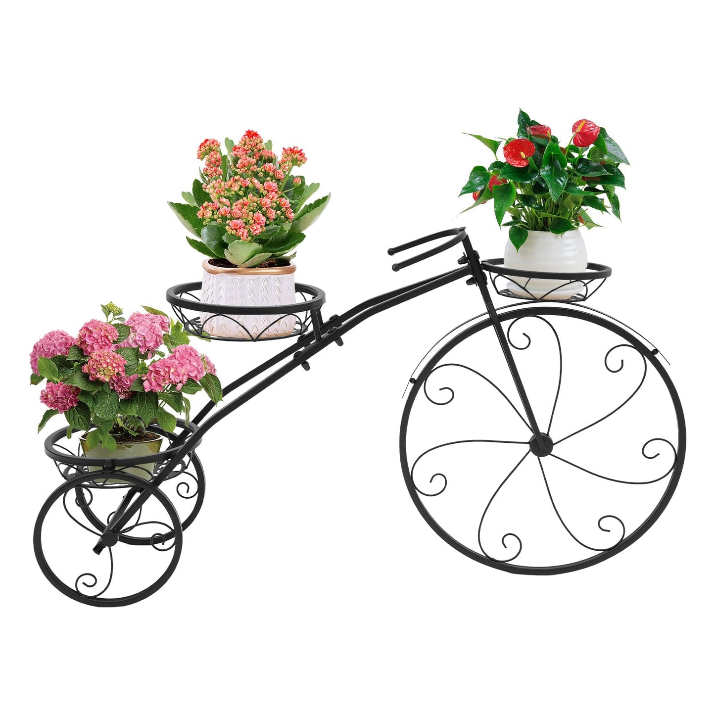 3 Pot Metal Cart Holder, Three-wheeled Plant Stand, 3-Tier Bicycle Planter Flower Cart, Holds 22lbs Capacity, for Patio Deck Garden Lawn Decor (Black)
