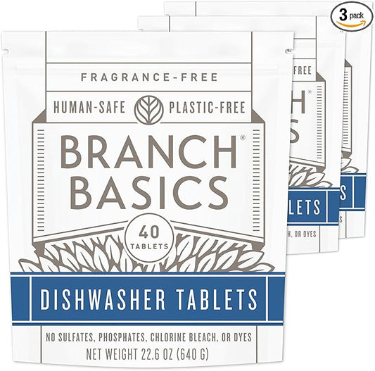 Branch Basics Dishwasher Tablets â 40 Ct, 3 Pack | Plastic-Free, Fragrance-Free, Human-Safe | Delivers a Powerful Clean Without Harsh Chemicals