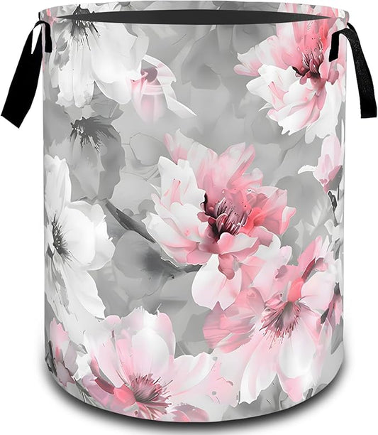 Peony Floral Pink White Flower Laundry Basket, Dirty Collapsible Clothes Toy Organizer Hamper for Kids Adults, Oxford Cloth Waterproof Storage Bin for Bathroom Home Decor Gifts, 19.7"X15.7"