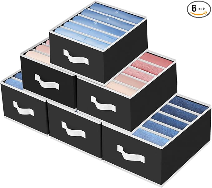 Foldable Closet Organizer with Handles - 6 Pack Fabric Wardrobe Dividers for Clothes Storage Jeans, Pants, Sweaters, T-Shirtsï¼Black