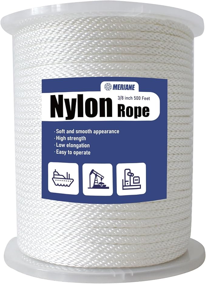MERIANE Nylon Rope 500 Ft 3/8 Inch â Multipurpose Solid Braided Rope â Ideal Use for Camping, Clothesline, Marine, Flag Line â Abrasion & UV Resistant â Shock Absorption Rope for Indoor Outdoor