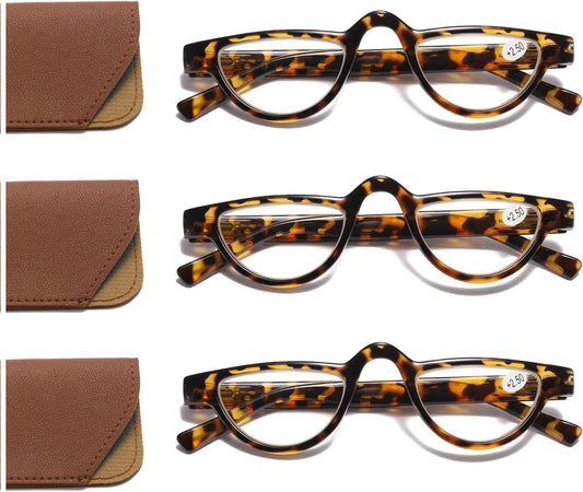 Hubeye 3 Pairs Plastic Retro Half Moon Frame Reading Glasses Lightweight Spring Hinge Women and Men Reader caramel brown/caramel brown/caramel brown 2.0