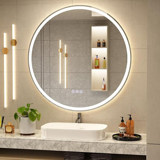 BEAUTYPEAK 24x24 LED Round Bathroom Mirror with Lights, Anti-Fog, Dimmable, Backlit + Front Lit, Lighted Bathroom Vanity Mirror for Wall, 3 Colors, Memory Function, Tempered Glass, Shatter-Proof