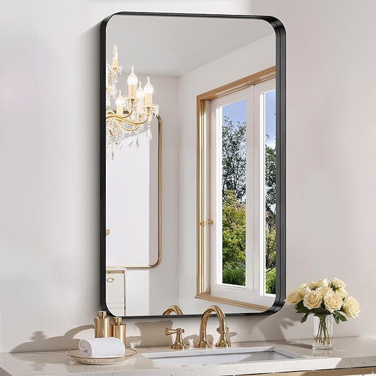 FORBATH 40x24 Inch Bathroom Mirror for Wall, Black Metal Framed Vanity Mirrors for Over Sink, Rounded-Corner Rectangle Mirror for Bedroom Living Room Entryway Hallway, Hangs Horizontal or Vertical