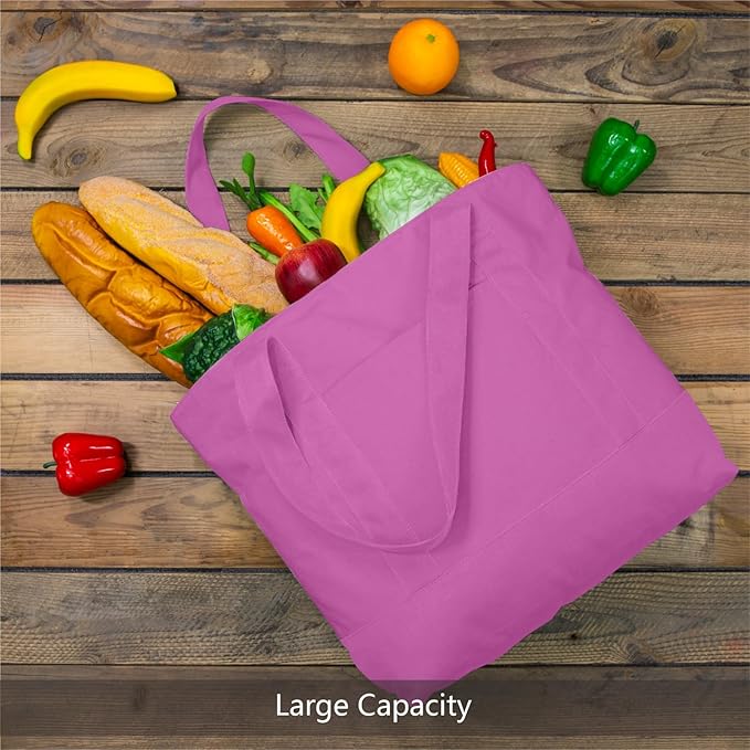 TOPDesign 3-Pack Canvas Tote Bags with an External Pocket, Reusable Grocery Shopping Bags, Top Zipper Closure, Daily Essentials (Light Purple)