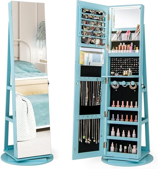 Mirror Jewelry Cabinet Standing with Full Length Mirror, 360Â° Swivel Jewelry Armoire with 3-Color LED Lights & Foldable Makeup Shelf, Lockable Organizer for Women, Space-Saving (Sky Blue)