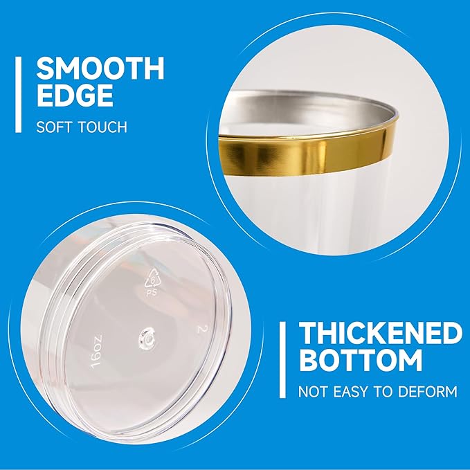RACETOP 16 oz 200 Pack Disposable Plastic Cups with Gold Rim, Disposable Gold Rim Plastic Cups for Parties, Weddings, Gatherings, and Festival Events