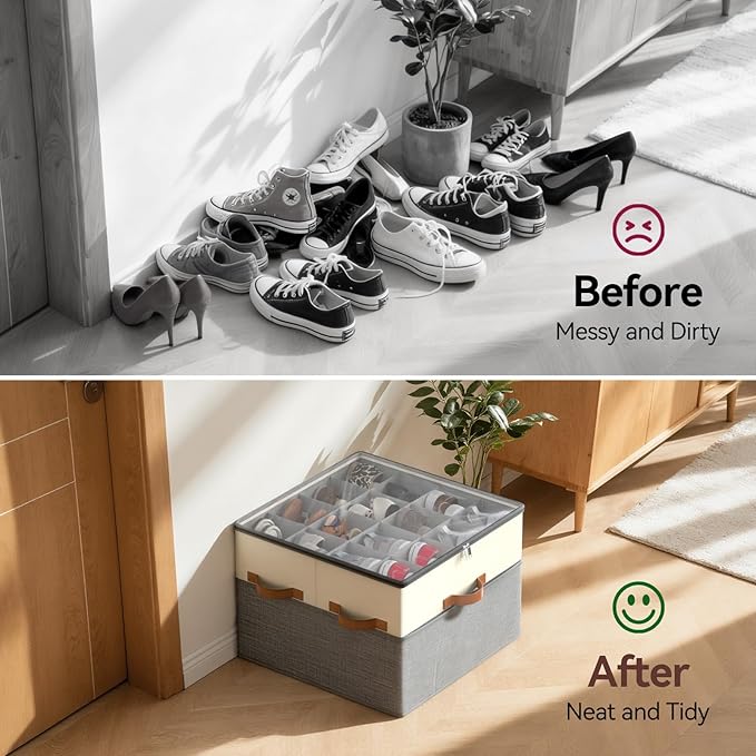 Lewondr Shoe Organizer for Closet, 2 Pack Foldable Shoe Storage Box with Adjustable Dividers and Clear Cover, Space Saving Shoes Holder with 4 Handles, Fits up to 32 Pairs, Beige+Gray