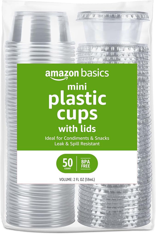Amazon Basics Disposable Plastic To-Go Cups and Lids, Mini, 2oz, 50 Count, BPA Free, for Condiment, Salad Dressing, Sauces, Jello Shots