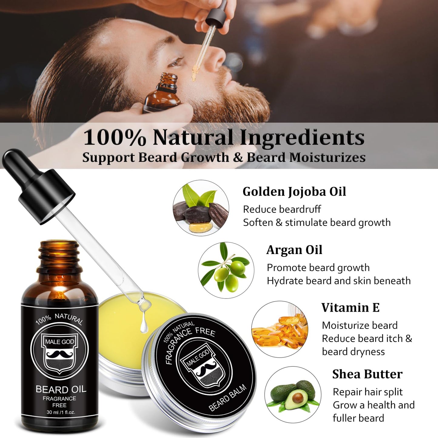 MALE GOD Beard Kit w/Beard Oil, Balm, Brush, Comb - Nourish & Soften Beard, Natural Shea Butter, Suitable for All Skin, Anniversary & Birthday Gifts for Men Him Husband Boyfriend Dad Friends