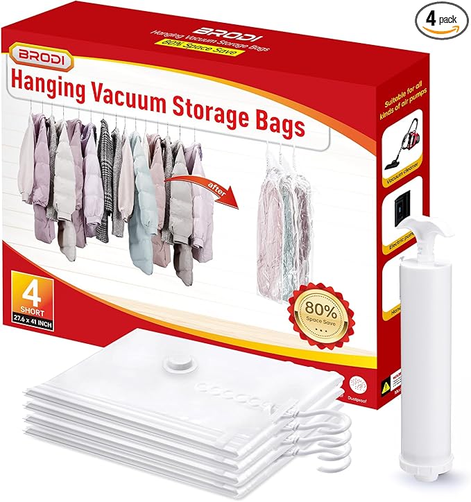 Hanging Vacuum Storage Bags For Clothes With Hand Pump,Coat Storage Bag Hanging,Vacuum Bags For Clothes,Space Saver Vacuum Storage Bags,Garment, Clothing, Dress, Suit, Long Coat, Jacket(Short 4 Packï¼