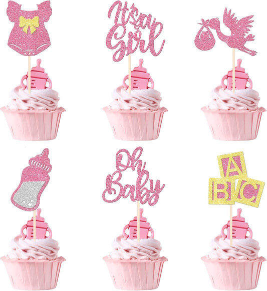 24pcs It's a Girl Cupcake Toppers, Glitter Baby Bottle & Bow Dress Decorations for Baby Shower, Gender Reveal, Kids Girls Birthday Party