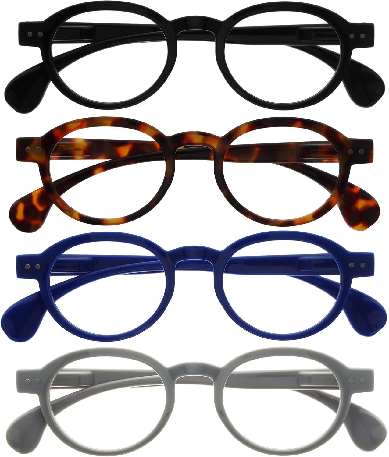 OPULIZE OCA Reading glasses for Women Men,Scratch Resistant Modern Retro Round frame with Spring Hinges, Black, Brown Tortoiseshell, Blue, Grey +3 (Pack of 4)