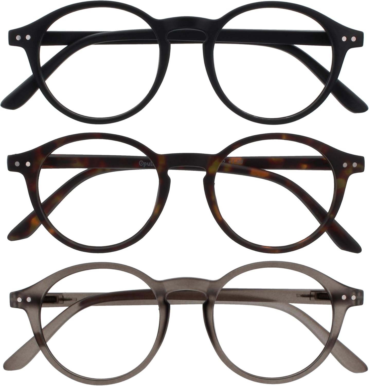 OPULIZE REY Reading Glasses for Women Men, Retro Round Frame with Spring Hinges, Matte Black, Brown Tortoiseshell, Grey +3.00 (Pack of 3)