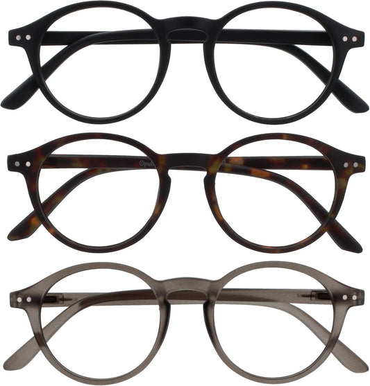OPULIZE REY Reading Glasses for Women Men, Retro Round Frame with Spring Hinges, Matte Black, Brown Tortoiseshell, Grey +3.00 (Pack of 3)