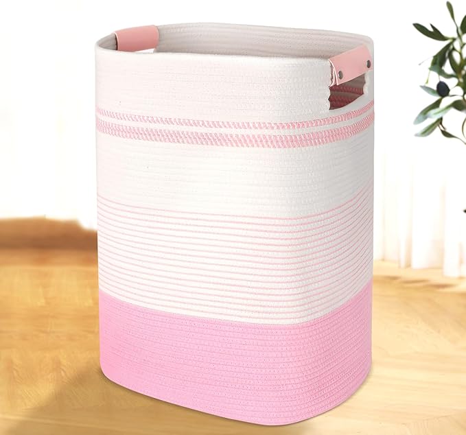 Laundry Basket with Handles - Blanket Basket & Hampers for Bedroom Aesthetic, Laundry Hamper & Blanket Storage for Living Room, Clothes Hamper, Tall, Large 17" x 14" x 22â, Pink & White