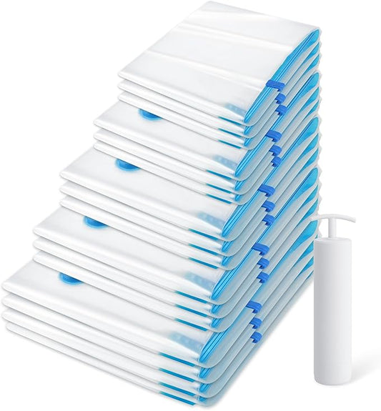15 Pack Vacuum Storage Bagsï¼Space Saver Bags(3 Jumbo/3 Large/3 Medium/3 Small/3 Roll),Compression for Comforters and Blankets, Sealer Clothes Storage, Hand Pump Included