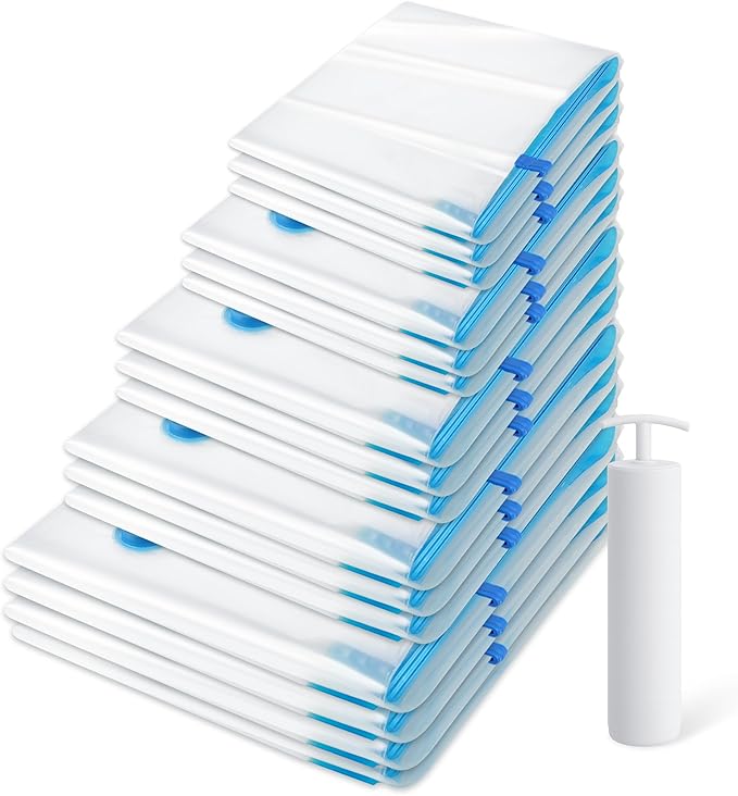 20 Pack Vacuum Storage Bagsï¼Space Saver Bags(4 Jumbo/4 Large/4 Medium/4 Small/4 Roll),Compression for Comforters and Blankets, Sealer Clothes Storage, Hand Pump Included