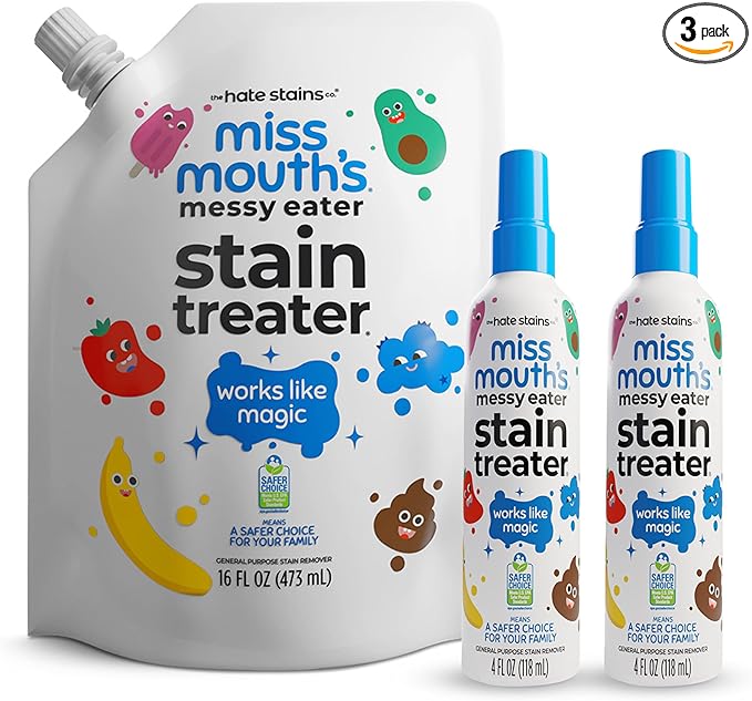 Miss Mouthâs Messy Eater Stain Treater Refill Ready Kit - 2 Pack Stain Remover Spray and 16oz Refill Pouch - Newborn & Baby Essentials - Food, Grease, Coffee Off Laundry, Underwear, Fabric