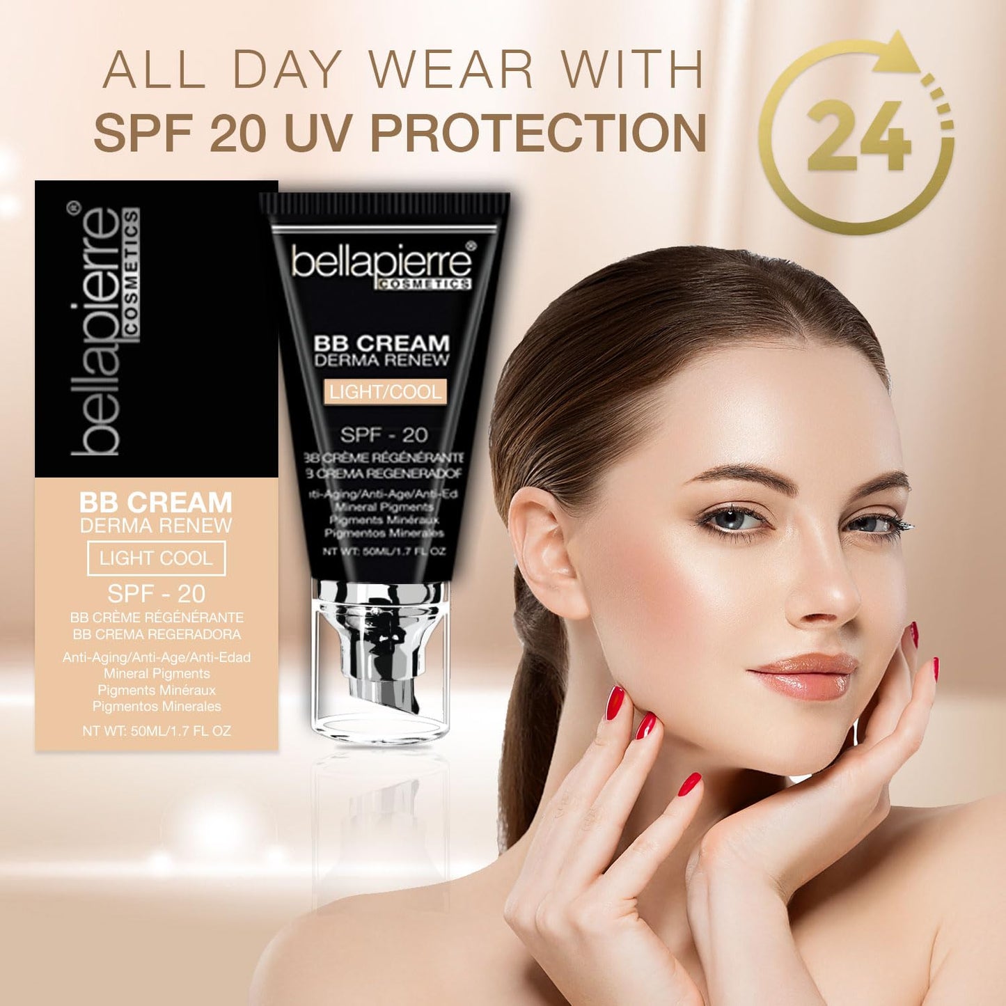 bellapierre BB Cream with SPF 20 - Tinted Sunscreen, Concealer, Foundation, & Moisturizing Face Cream | Lightweight Formula + Pump Top Applicator | Non-Toxic & Paraben Free | 1.7 Oz - Medium Cool