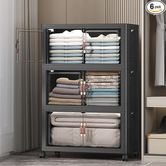 Extra Large Stackable Storage Bins with Lids & Wheels & Door,Foldable Collapsible Closet Organizers, Plastic containers drawers for bedroom Dorm (Dark-112QT, 3Pack with 1 top lid)