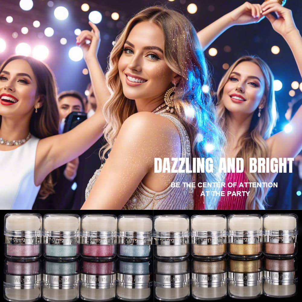Glitter Body Highlighter Powder Body Shimmer Sparkle Face Brightening Highlighter Powder for Face Eyes Body Glow Makeup With sponge head（08#）