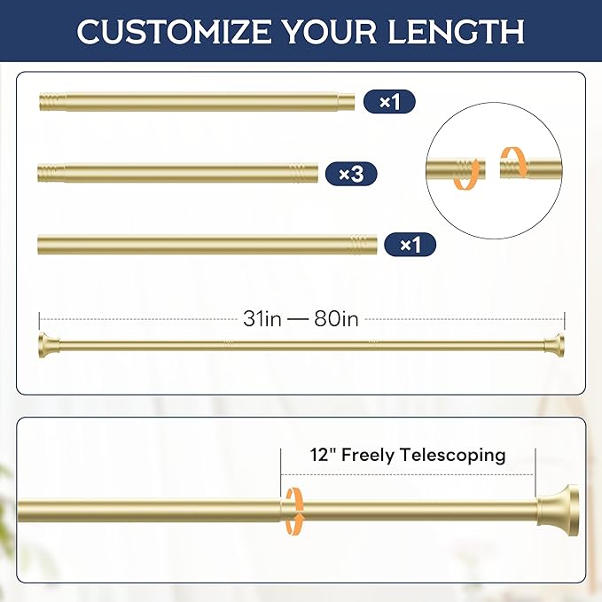 STARLATTA Adjustable Shower Curtain Rod 31-80 Inch, Never Rust Stainless Steel Gold Tension Rod, 1" Heavy Duty No-Drill for Bathroom, Kitchen & Closet