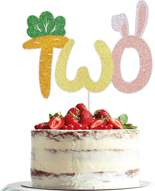 Bunny Two Cake Topper,Easter Bunny carrot Cake Topper，Boys and Girls 2nd Birthday Party Decorations