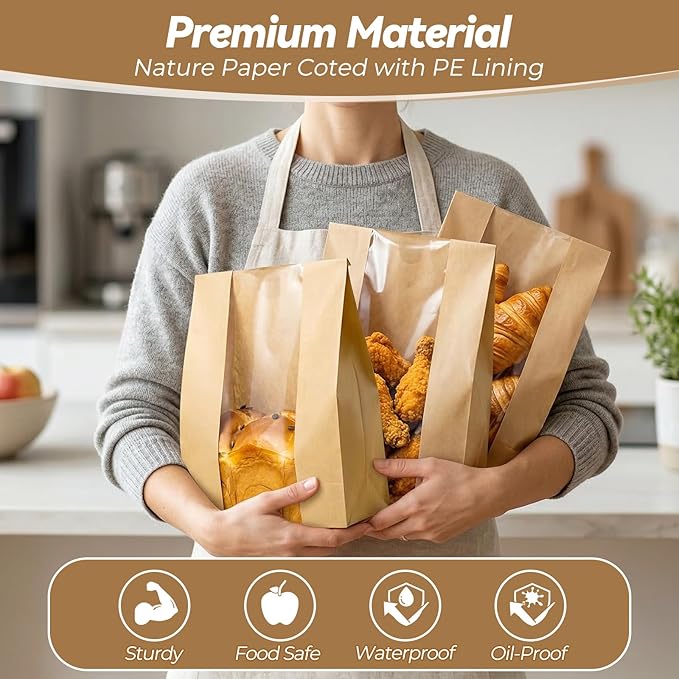 Tripho 100 Pcs Bread Bags for Homemade Bread with Clear Window & 120 Stickers, Sourdough Bread Bags for Storage of Bread,Cookies & Snacks, Large Bakery Paper Bags