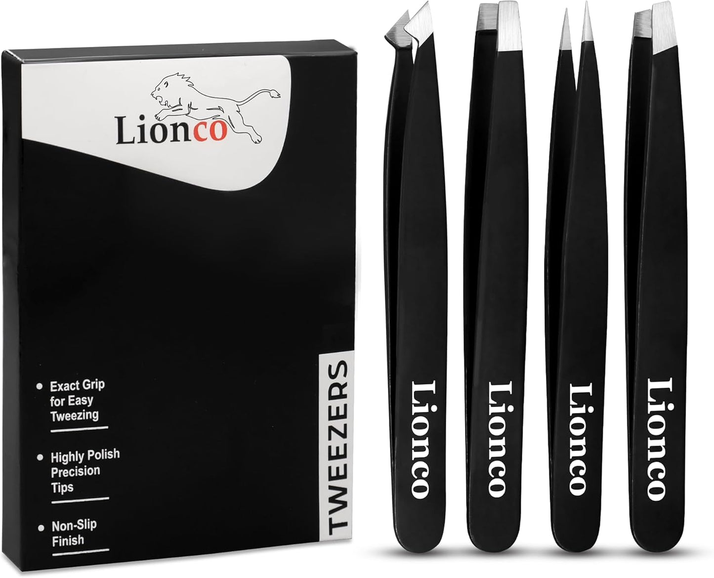 LIONCO Professional 4PCS Tweezer Set for Men & Women–Stainless Steel Eyebrow,Facial Hair Removal Kit–Includes Slant,Pointed,Flat & Angled Tweezers for Precision Grooming,Beard,Ingrown Hair (Black)