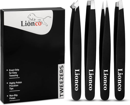 LIONCO Professional 4PCS Tweezer Set for Men & Women–Stainless Steel Eyebrow,Facial Hair Removal Kit–Includes Slant,Pointed,Flat & Angled Tweezers for Precision Grooming,Beard,Ingrown Hair (Black)