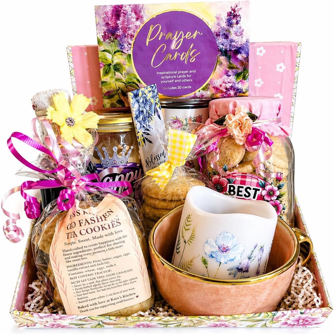 Luxury Gift Basket - Cookie Jar, Wine, Mother's Day Mug, Candle, Shortbread Cookies, Tea Cakes, Chocolate Bar & Prayer Card