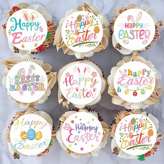 48PCS Edible Happy Easter Cupcake Toppers Wafer Paper Spring Easter Cake Toppers Edible Bunny Cupcake Picks for Easter Theme Birthday Baby Shower Party Cake Supplies