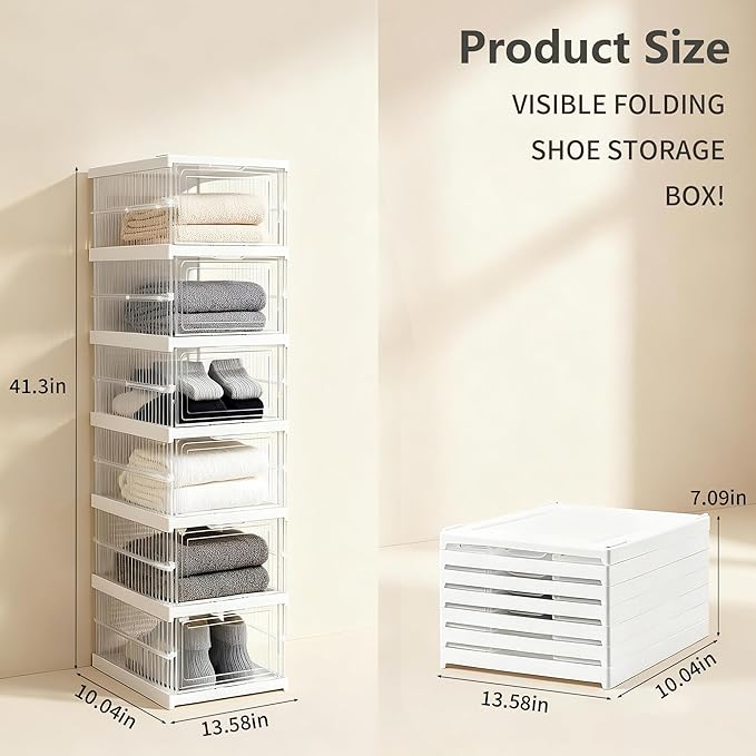 Upgrade Clear Foldable Shoe Storage Organizer, No Assembly 6 Tiers Shoe Box with Fully Clear Door, Plastic Stackable Shoe Rack for Sneakers, Sturdy Shoe Storage Containers Bins