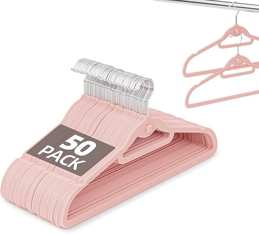 Velvet Hangers 50 Pack Pink, Non Slip Stackable Clothes Hangers with Cascading Hooks, Ultra Thin and Space Saving Felt Hangers with Tie Bar, 360Â° Swivel Hooks, Heavy Duty for Suit Coat Shirt Pant