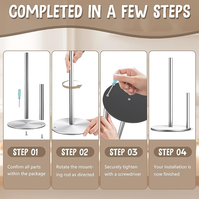 Paper Towel Holder Countertop, Premium Stainless Steel Silver Paper Towel Holder with Anti Slip & Waterproof, Freestanding Countertop Paper Towels Holder for Kitchen, Tabletop, Bathroom