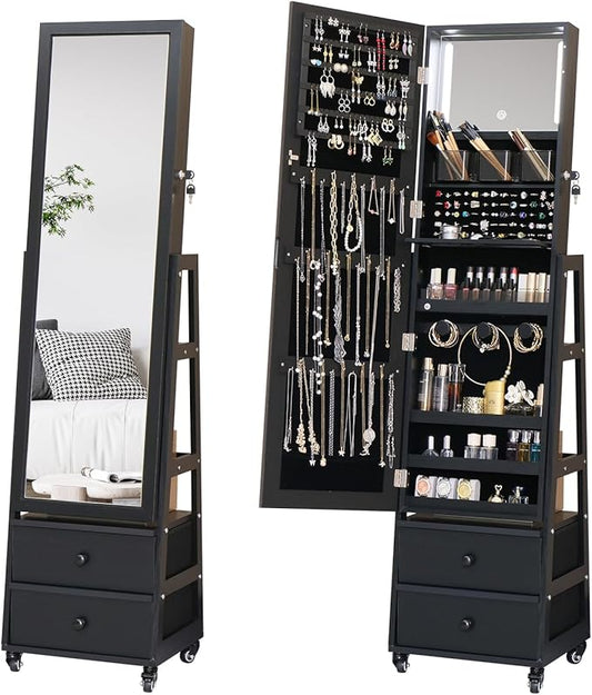 Jewelry Cabinet with Standing Mirror Lockable Full Length Mirror with Drawers Jewelry Organizer Armoire with Wheels,Floor Mirror with Back Storage Shelves for Bedroom Christmas Gift for Friend Black